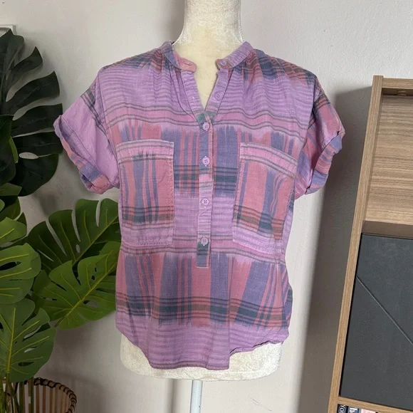 Anthropologie Pilcro Plaid Purple and Pink popover short sleeve Women's Top - Picture 1 of 7
